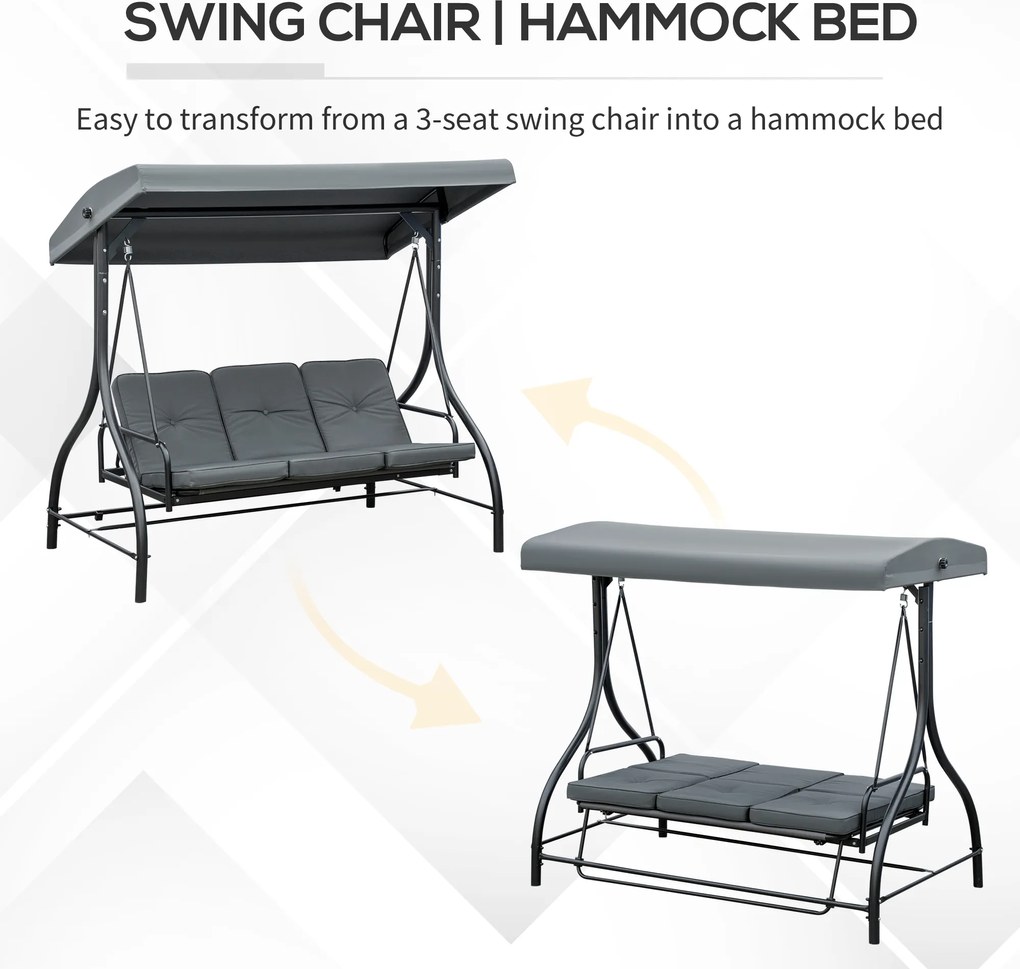 Outsunny Ławka Huśtawkowa, Huśtawka Hollywood z Ochroną Przeciwsłoneczną, Huśtawka Ogrodowa, Huśtawka na Werandę, 3 Miejsca, Łóżko Huśtawkowe