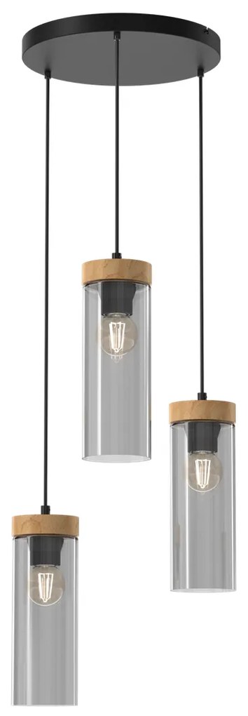 Lampa wisząca ELICA 3xE27, potrójna, szklana, drewno, na kole