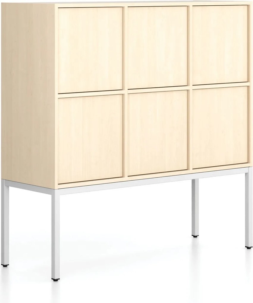 Szafa biurowa FRAME, niska, podstawa biała, 6x drzwi, 1299 x 450 x 1331 mm, PUSH-lock, brzoza