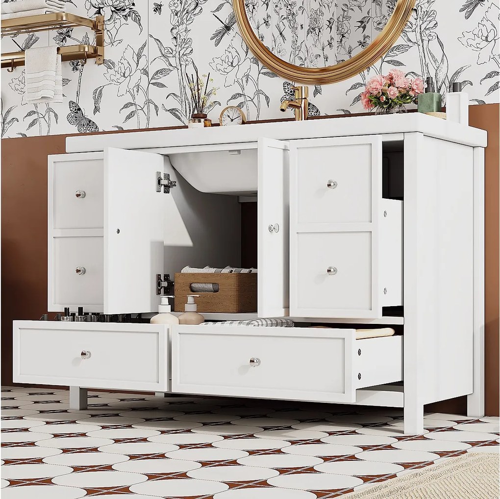 Meble łazienkowe na nogach 120x50x86,5 cm - Lakierowane wykończenie - 4 szuflady i 2 klamki do drzwi - Umywalka z żywicy - Biały