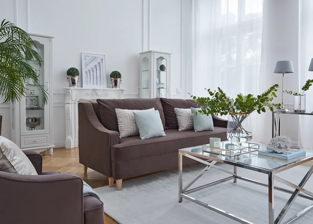 Notting Hill sofa 3-osobowa z funkcją spania i z pojemnikiem na pościel, krawędzie obszyte kedrą. Sofa w stylu modern classic. Sofa do salonu w stylu nowojorskim. Tkanina Matt Velvet, wiele kolorów do wyboru.