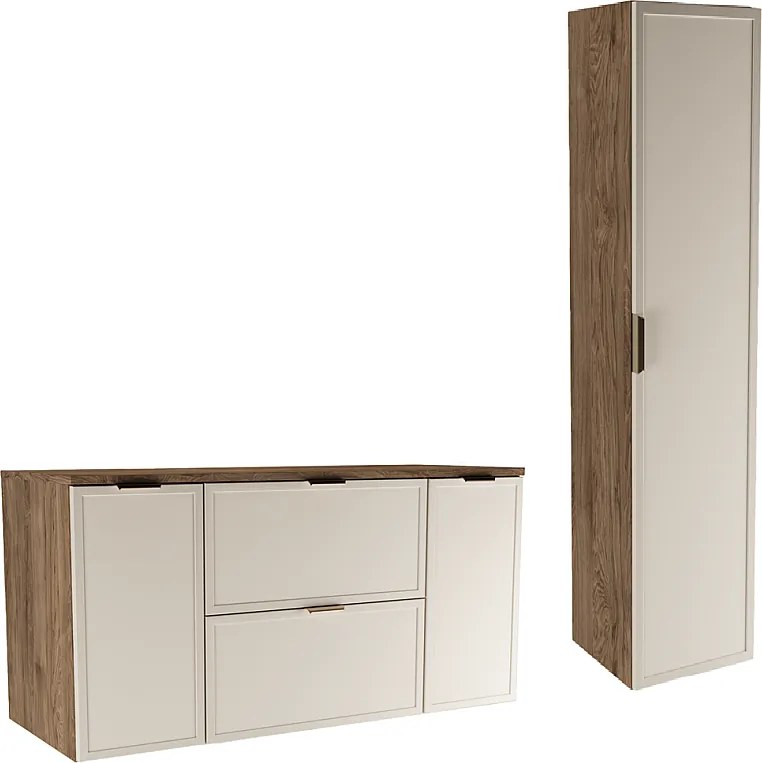 Zestaw do Łazienki 120cm Szafka z Blatem 2D2S Słupek Fronty Ramka Dąb Orzech / Kaszmir Roma