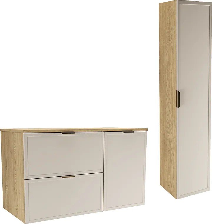 Zestaw do Łazienki 100cm Szafka z Koszem na Pranie Słupek Fronty Ramka Dąb Cremona / Kaszmir Roma