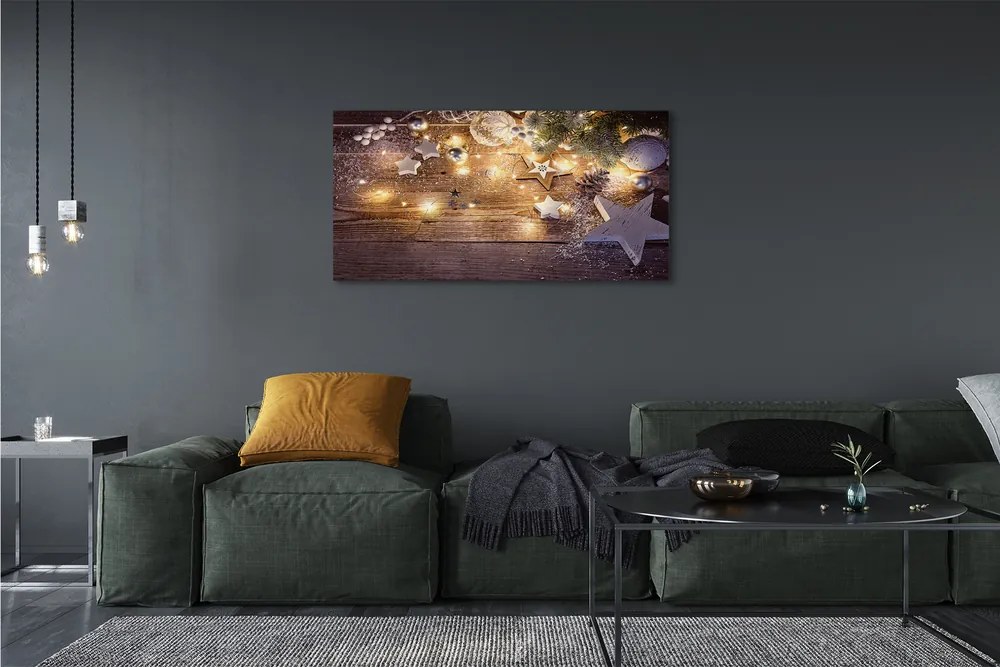 Obraz drukowany na płótnie Świąteczna Kompozycja: Bombki, Szyszki i Lampki