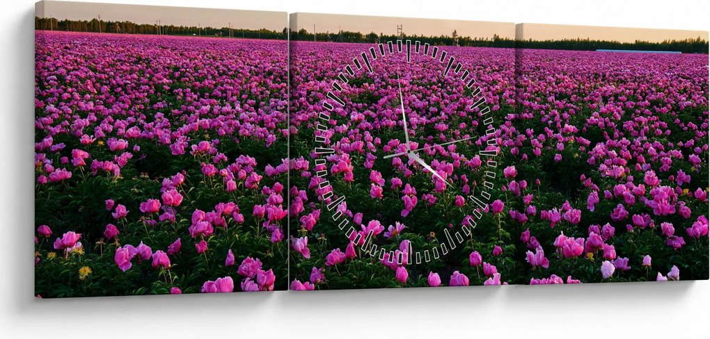 Obraz - Łąka fioletowych tulipanów (z zegarem) (90x30 cm)