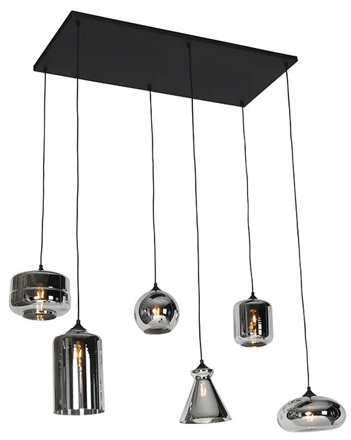 Lampa wisząca w stylu art deco czarna z przydymionym szkłem 6-świateł - Wallace ArtDeco Oswietlenie wewnetrzne