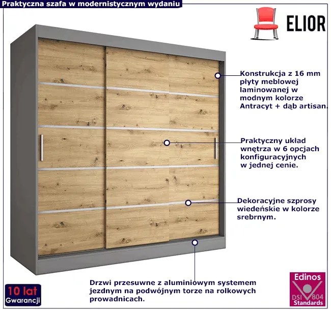 Szafa przesuwna antracyt + dąb artisan 200 cm E6-N65