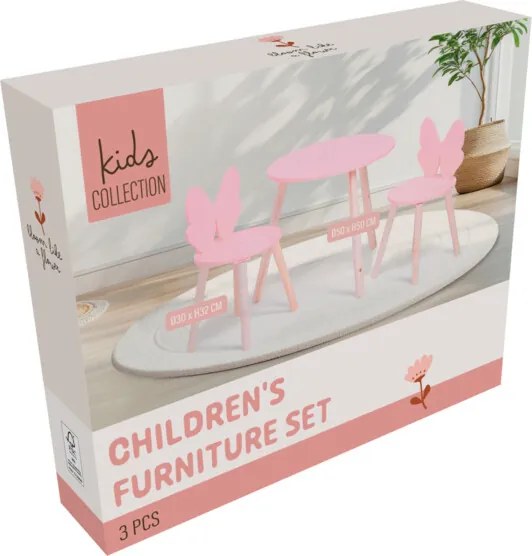Zestaw mebli dziecięcych z różową kokardą, stolik + 2 krzesła