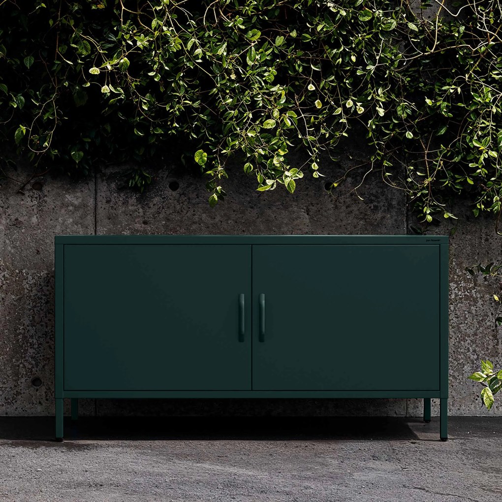 Szafka RTV metalowa na nóżkach butelkowa zieleń Modern ROSA, 1150 x 595 x 400 mm