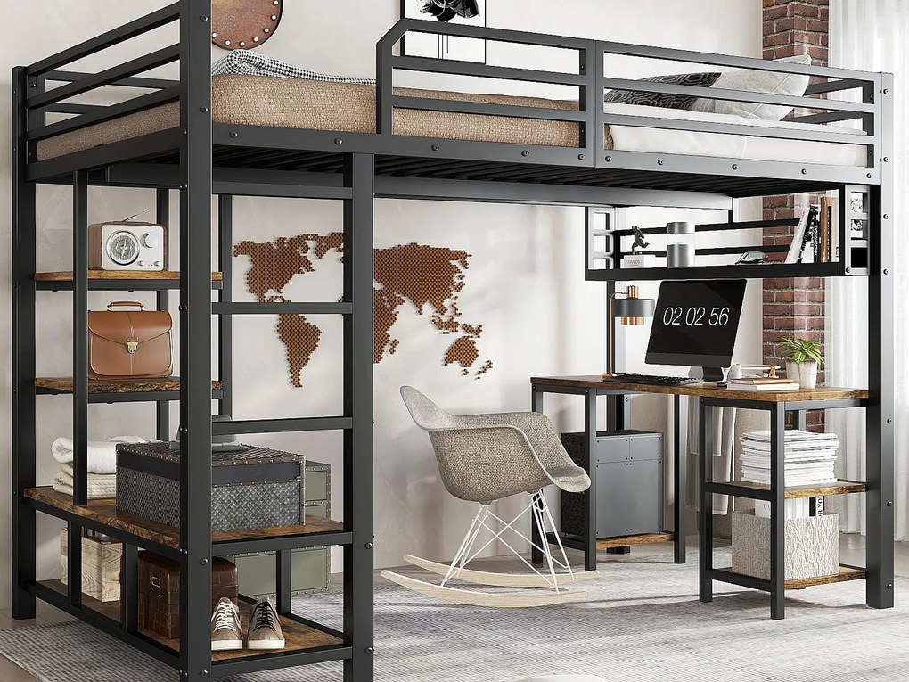 Łóżko na antresoli 120x200 cm - z biurkiem i półką przechowawczą - z 4-stopniową drabiną bezpieczeństwa - Metal + płyty wiórowe - Czarny (bez materaca)