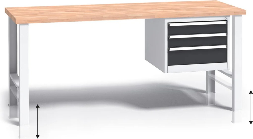 Stół warsztatowy z regulacją wysokości G3, 1700 x 685 x 840-1050 mm, 1x 3 szufladowy kontener, grafitowy