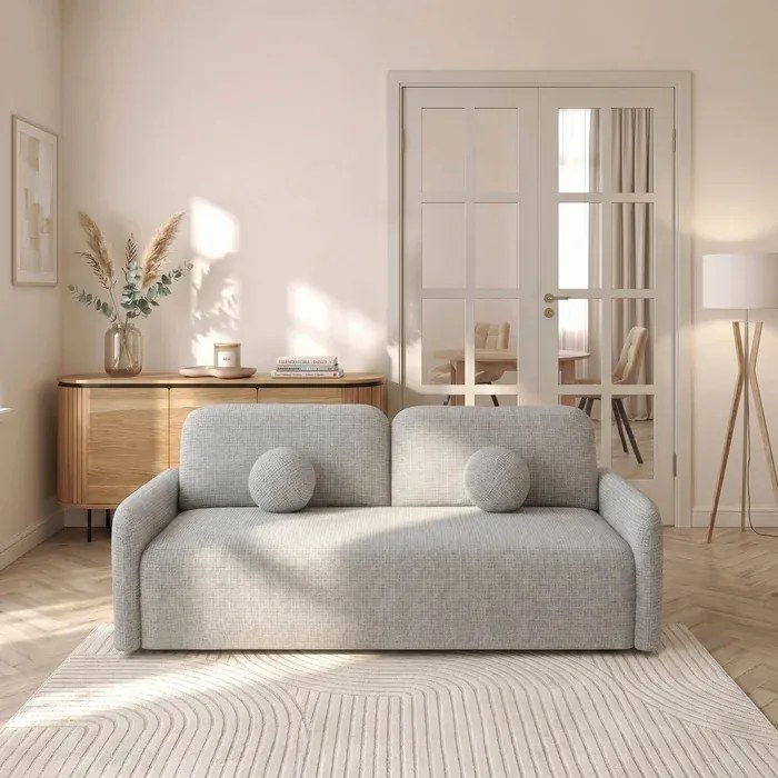 Sofa DUO Rozkładana Dwuosobowa Szara Szenil Japandi
