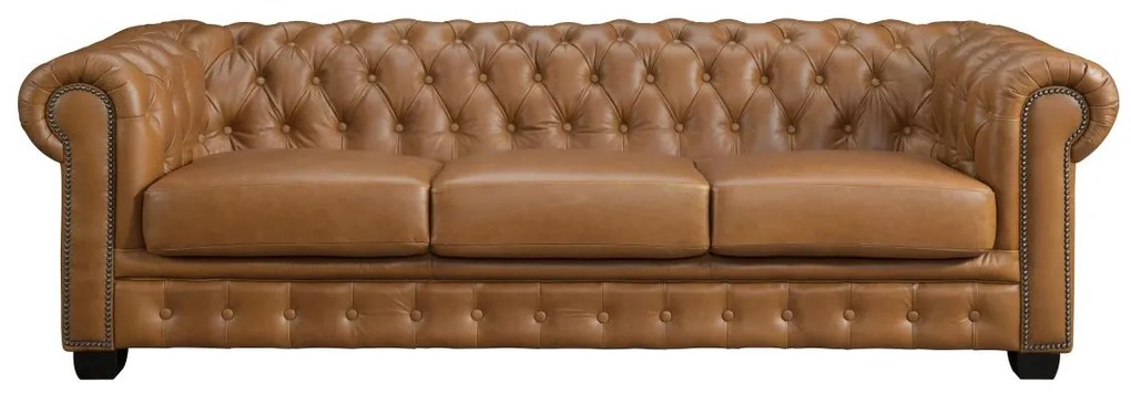 Kanapa 4-osobowa BRENTON w stylu chesterfield ze 100% bawolej skóry – kolor karmelowy vintage