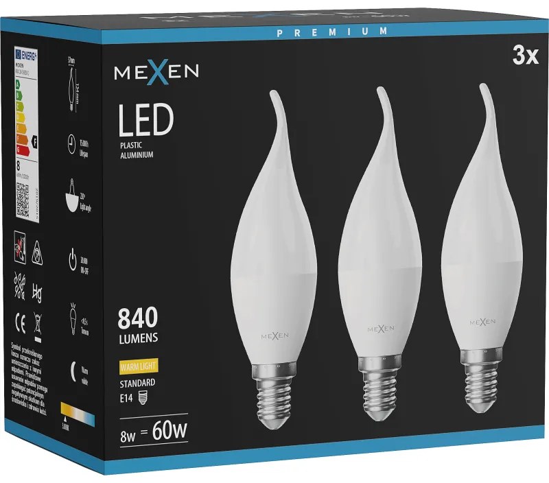 Mexen Nova 3x żarówka LED płomyk E14, C37, 8W, Ciepła - 3000K, 840 lm - L106-E14-0830-01x03