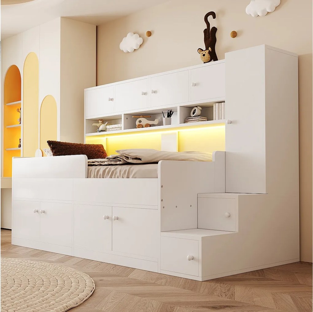 Łóżko dziecięce drewniane - 90 x 200 cm - z pojemnikiem + półki + szafa + oświetlenie LED + barierka zabezpieczająca - białe