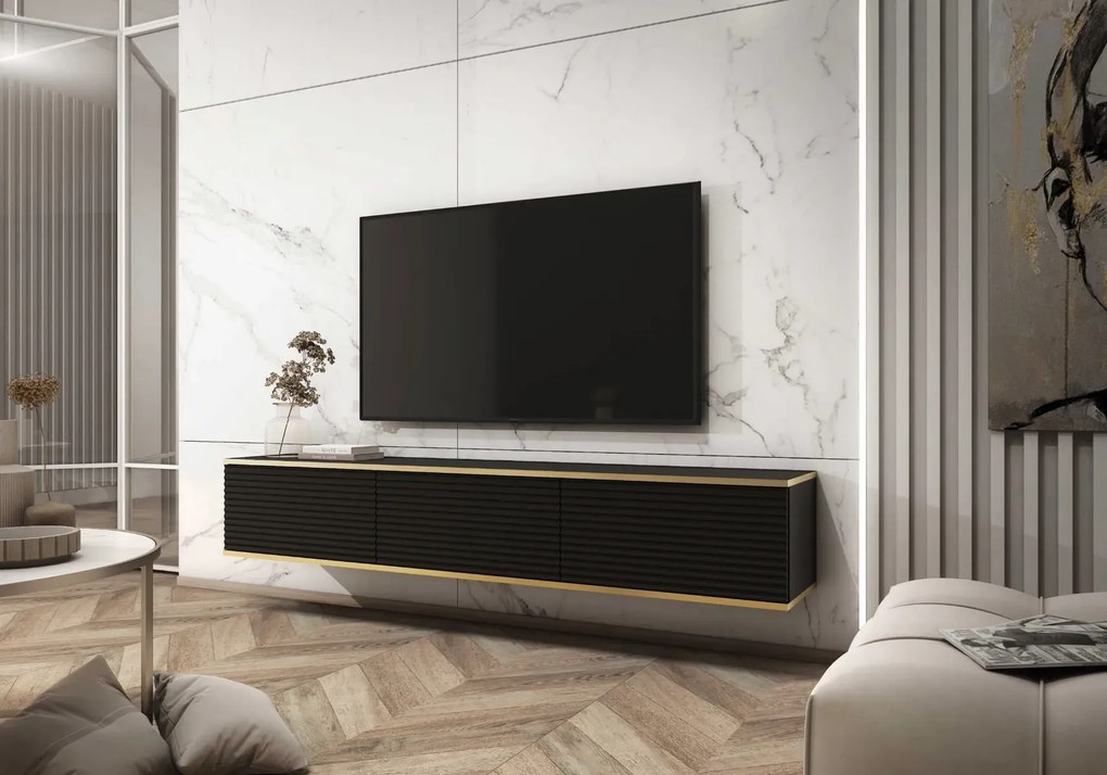 Szafka RTV KARL 3D 175cm wisząca/stojąca czarny mat PIASKI Meble