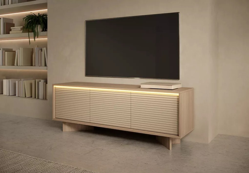 Szafka RTV Parsja 3D 150 cm – nowoczesna szafka pod telewizor, ryflowane fronty, LED, bolivar/cappuccino