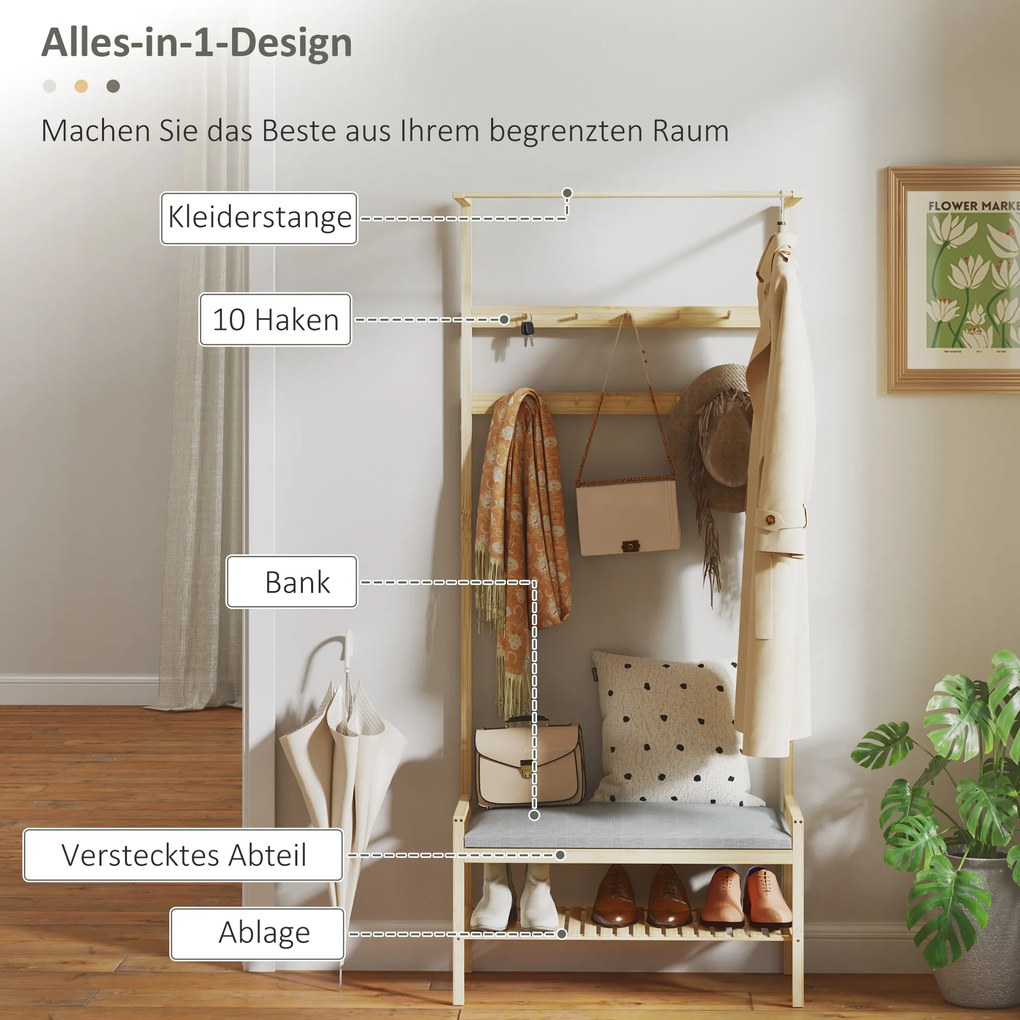 HOMCOM Garderoba z Ławką na Buty, Drążkiem na Ubrania, 10 Haczykami, Półką na Buty, Bambus