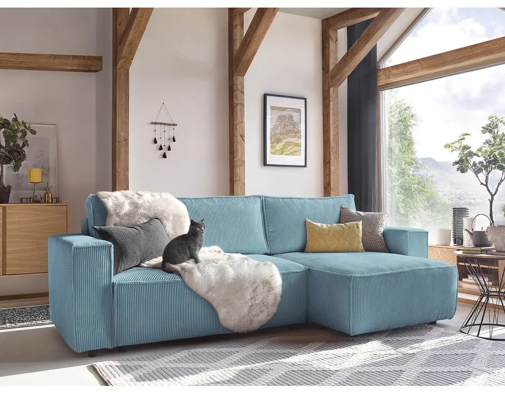 Miętowy sztruksowy rozkładany/ze schowkiem narożnik Nihad – Bobochic Paris