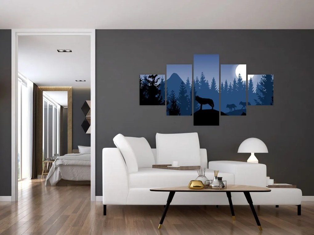 Obraz - Wataha wilków pod księżycem w pełni (125x70 cm)
