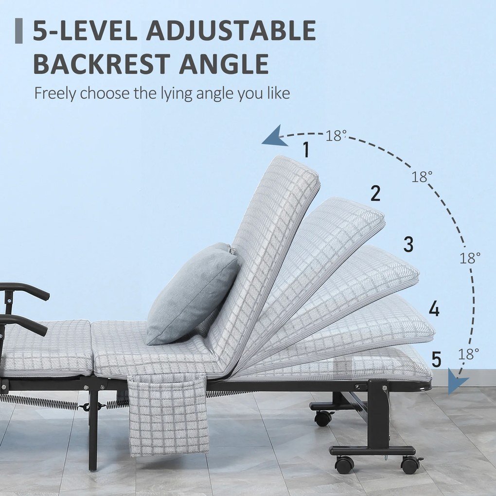 HOMCOM Łóżko Składane dla Gości z Regulowanym Oparciem Podłokietniki 8 Kółek Stal Szary Czarny 190x76x33cm | Aosom PL