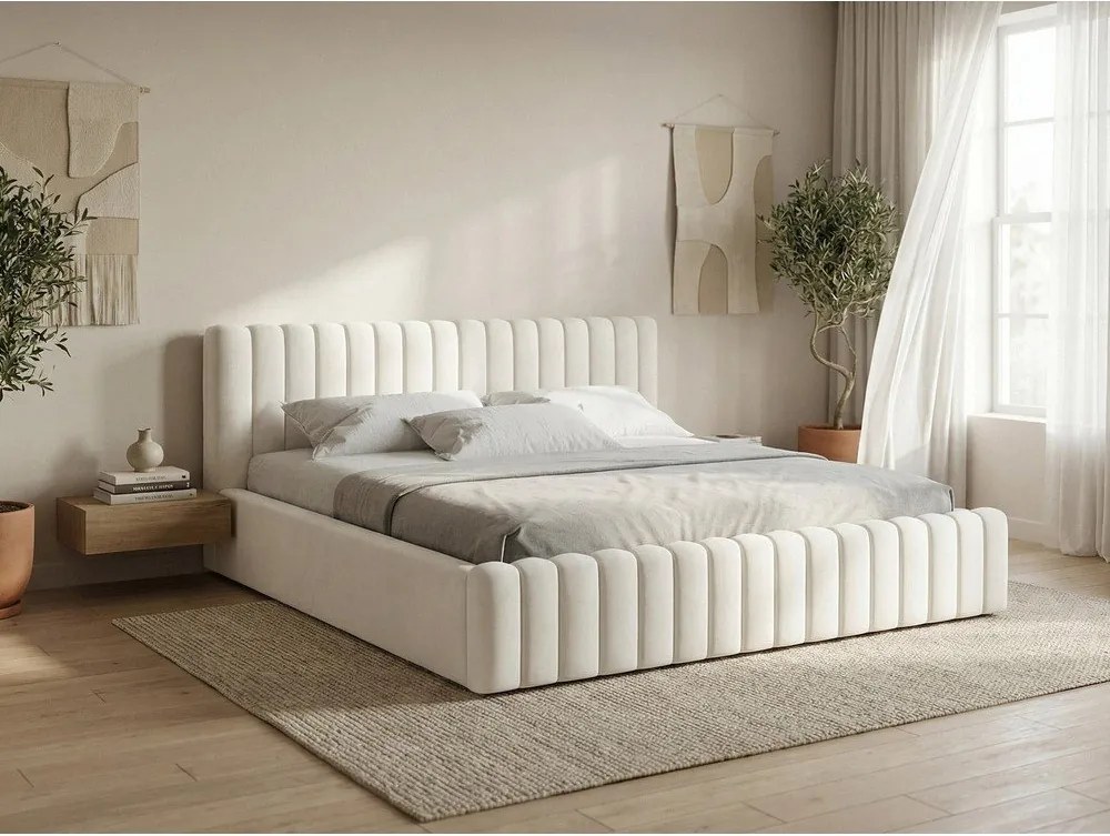 Jasnoniebieskie tapicerowane łóżko dwuosobowe ze schowkiem i stelażem 140x200 cm Lemi – Makamii