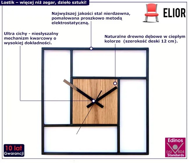 Loftowy zegar ścienny z drewnem dębowym i metalową ramą Roder