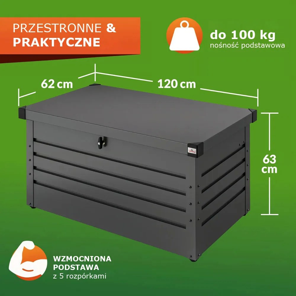 Metalowa skrzynia ogrodowa METALBOX, 385L, 120×62×63cm, antracytowa Gardebruk