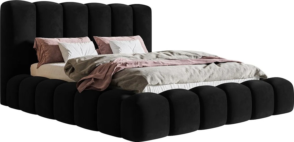 Łóżko tapicerowane 140x200 Madeno - gruba pianka, pojemnik, stelaż metalowy - welur, czarny (Amor Velvet 4322)