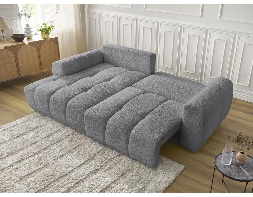 Szary rozkładany/ze schowkiem narożnik z materiału bouclé (lewostronny/z szezlongiem) Roxelane – Bobochic Paris
