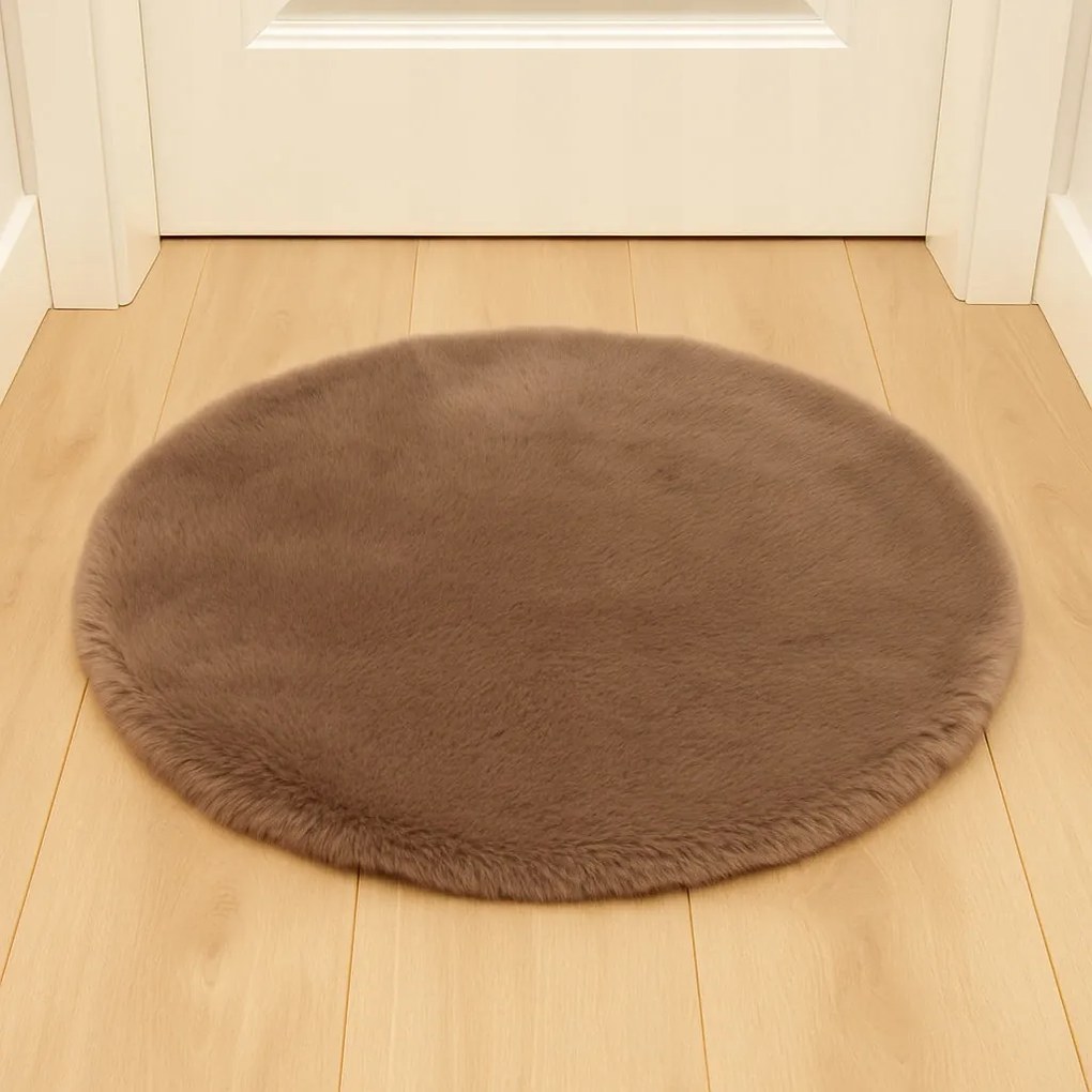 Dywanik futrzany brązowy okrągły FI80cm miękki puszysty guma antypoślizgowa