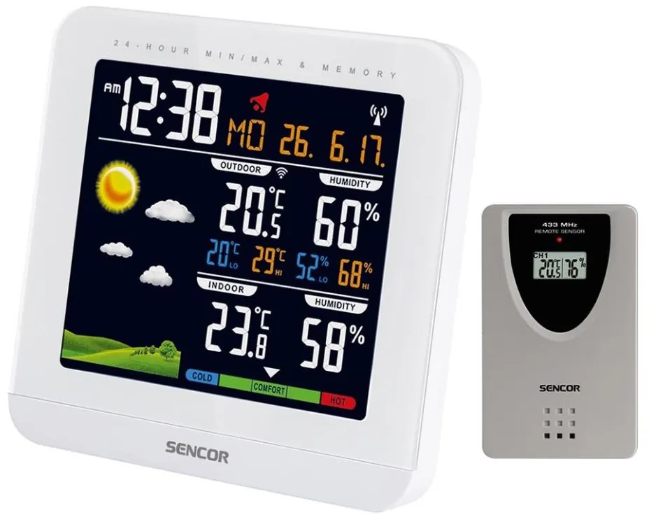 Sencor - Stacja pogodowa z kolorowym LCD, budzik, 3xAAA + 2xAAA, biała