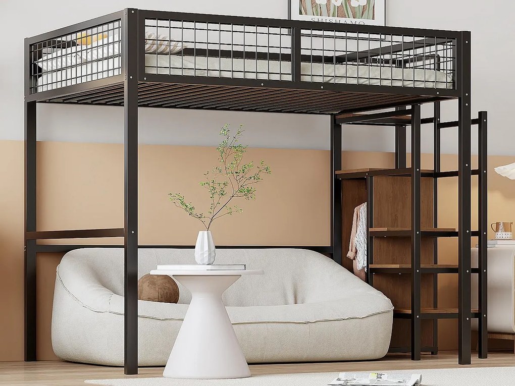 Łóżko mezzanine dla dzieci 140x200 cm z metalową konstrukcją - z drabiną do przechowywania i szafą - Czarny