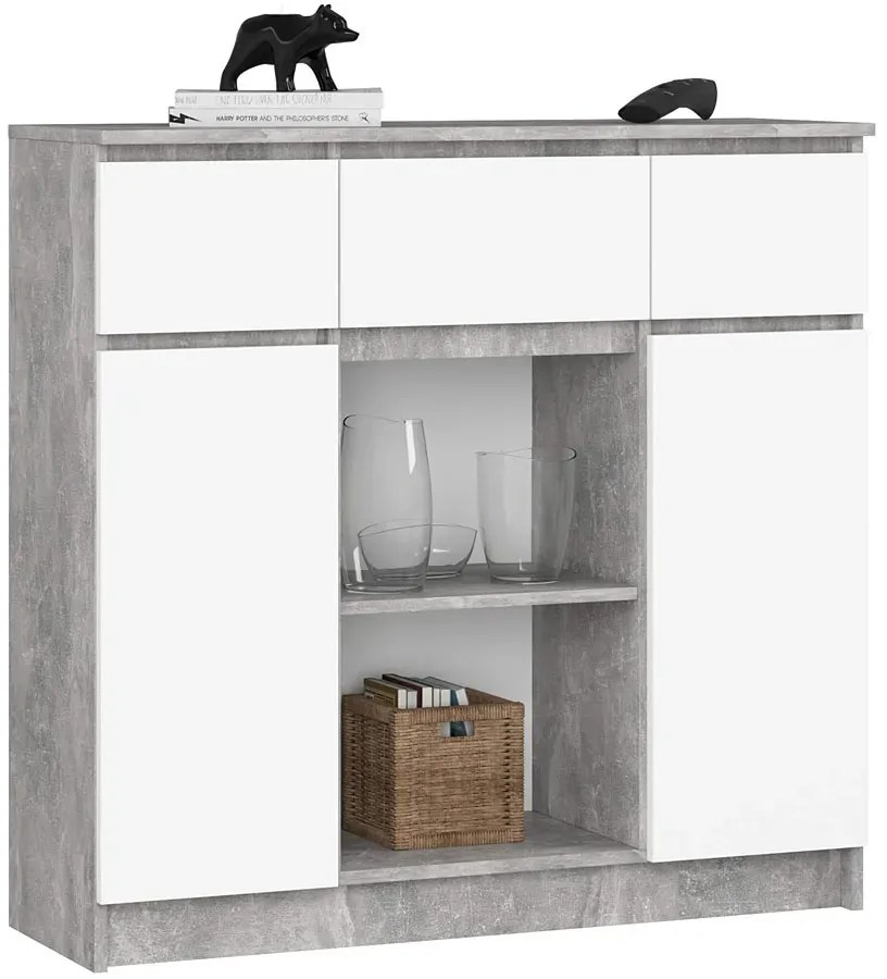 Komoda z szufladami oraz półkami beton + biały W1-T43