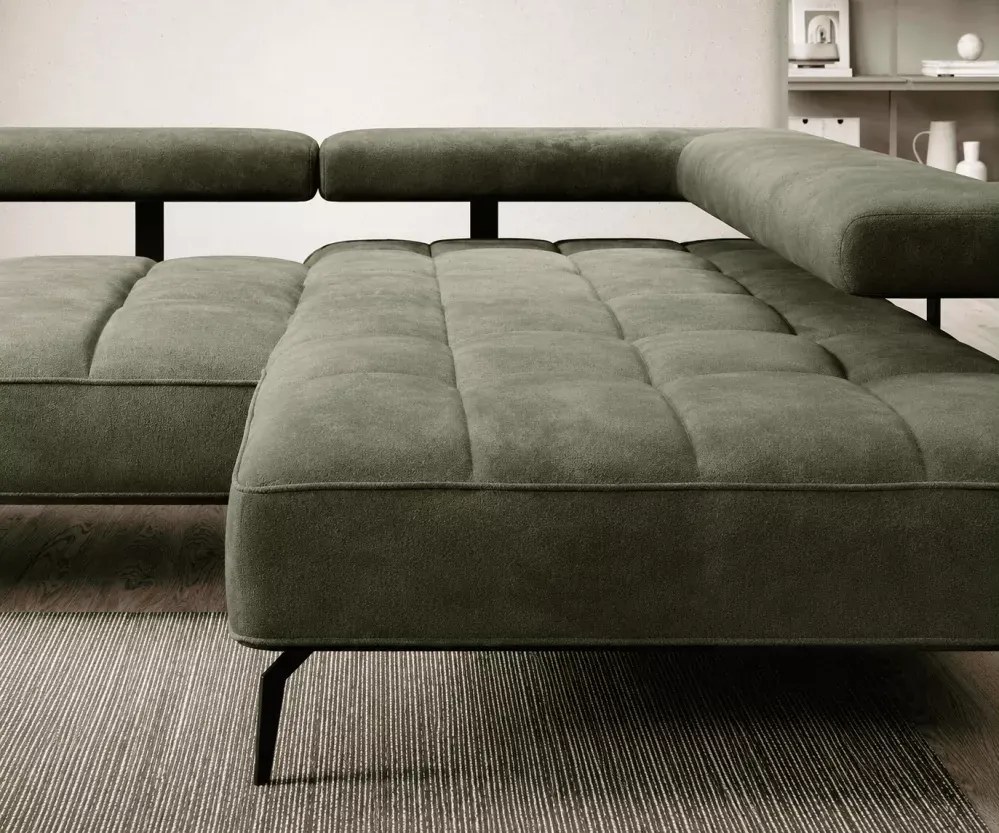 Nowoczesny narożnik Nalik L z eleganckimi przeszyciami oraz zagłówki na metalowych uchwytach