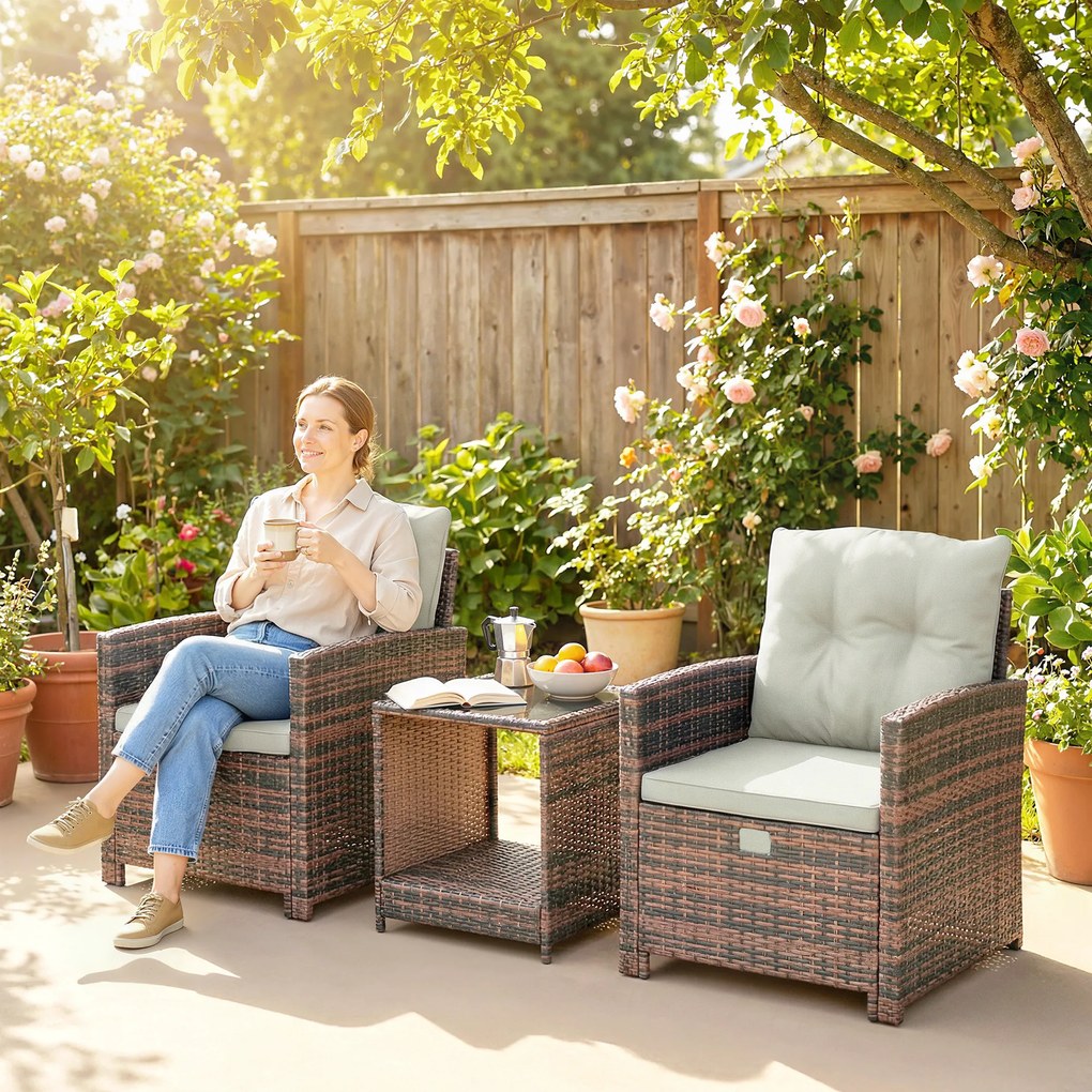 Outsunny Rattanowy zestaw mebli ogrodowych 5-częściowy zestaw balkonowy z 2 krzesłami, poduszkami, podnóżkami, stołem i schowkiem, kremowy | Aosom PL