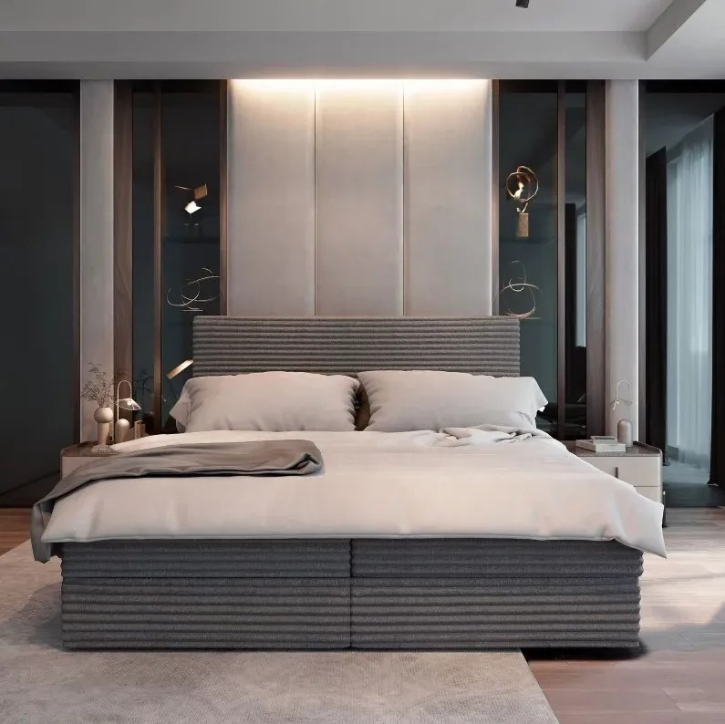 PROMOCJA Łóżko tapicerowane boxspring ISPIRA 140x200 cm szare II jakość Materac: Materac sprężynowy Bonell