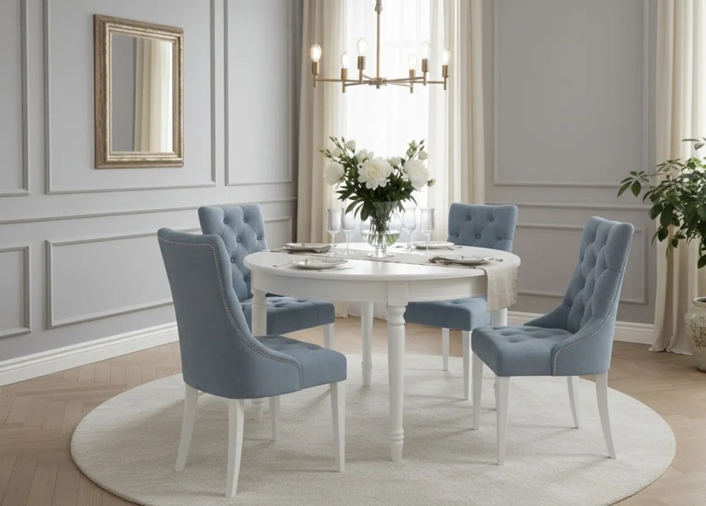 Stylizowany stół jadalniany Flora średnica120 cm, wysokość 78 cm. Biały lakierowany, z delikatnymi sztukateriami i toczonymi nogami, ponadczasowa elegancja w Twojej jadalni.