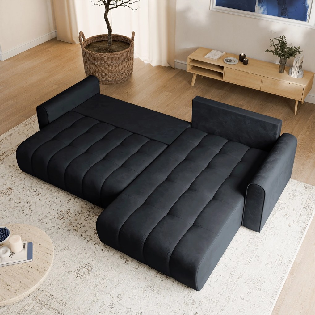Masseno Narożnik FRIGA z funkcją spania i pojemnikiem na pościel Narozniki L, Rozkładana sofa - Czarny, MONOLITH 95