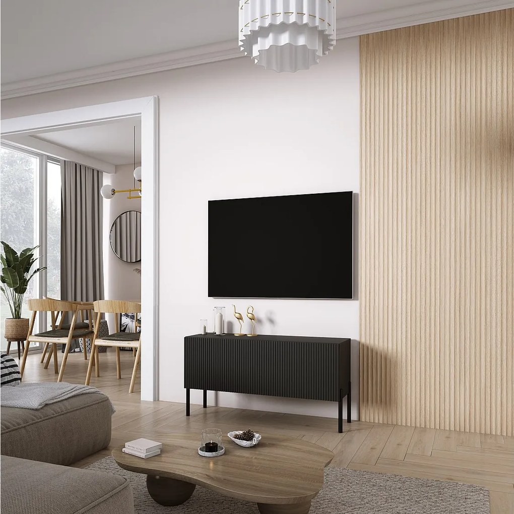 Szafka pod telewizor z ryflowanym frontem 100, Czarny Mat, nóżki proste czarne, 100 × 32 × 52 cm