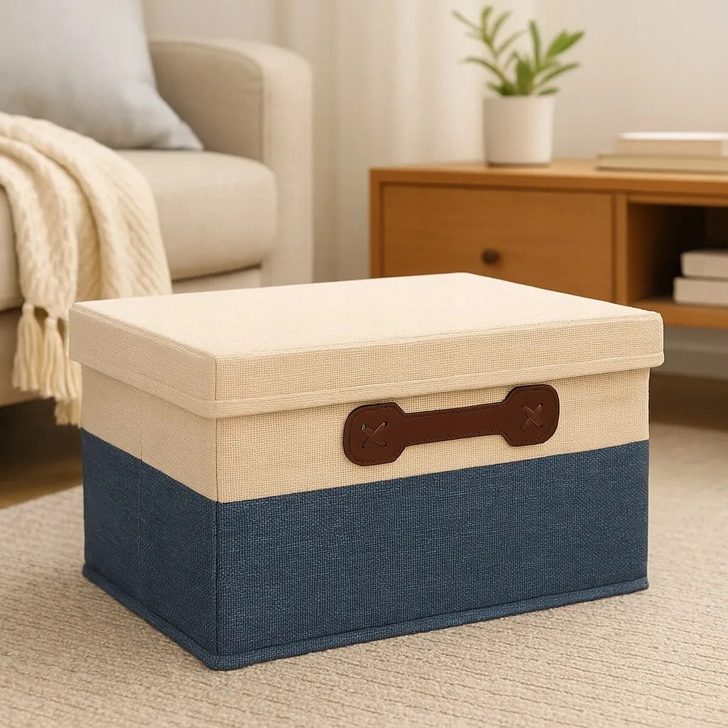 Organizer Tekstylny Granatowy 49x38x29 cm Beżowy Pudełko z Pokrywą do domu