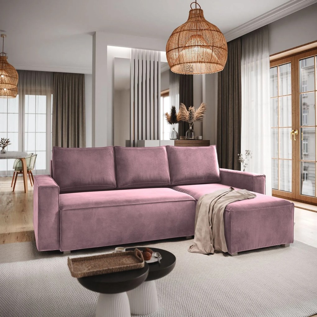 Masseno Narożnik SILES z funkcją spania i pojemnikiem na pościel Narozniki L, Rozkładana sofa - Wrzosowy, MONOLITH 62