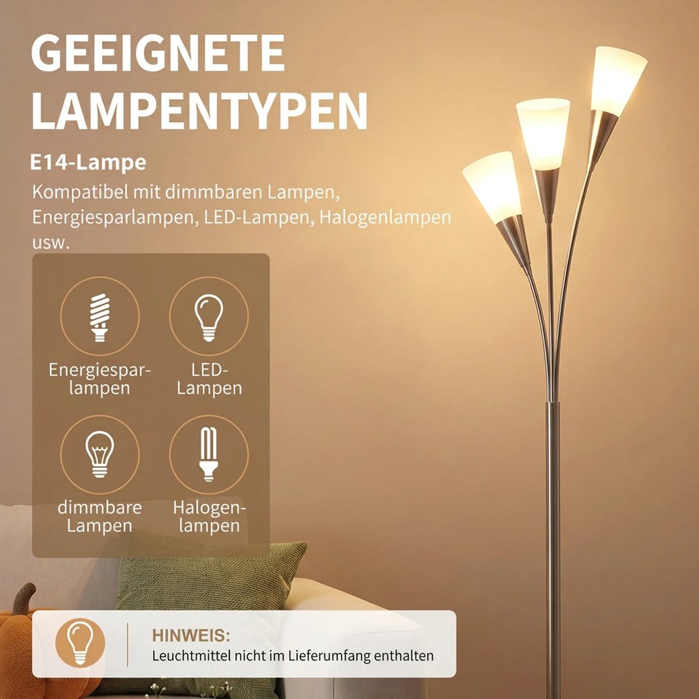 HOMCOM Lampa stojąca do salonu 40 W z włącznikiem nożnym, 3 x oprawka E14 do sypialni, biura, bez żarówek, srebrna | Aosom PL
