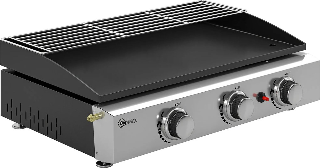 Outsunny Grill Gazowy 7,5 kW Przenośny Stołowy z 3 Palnikami Powłoka Ceramiczna Ruszt do Podgrzewania | Aosom PL