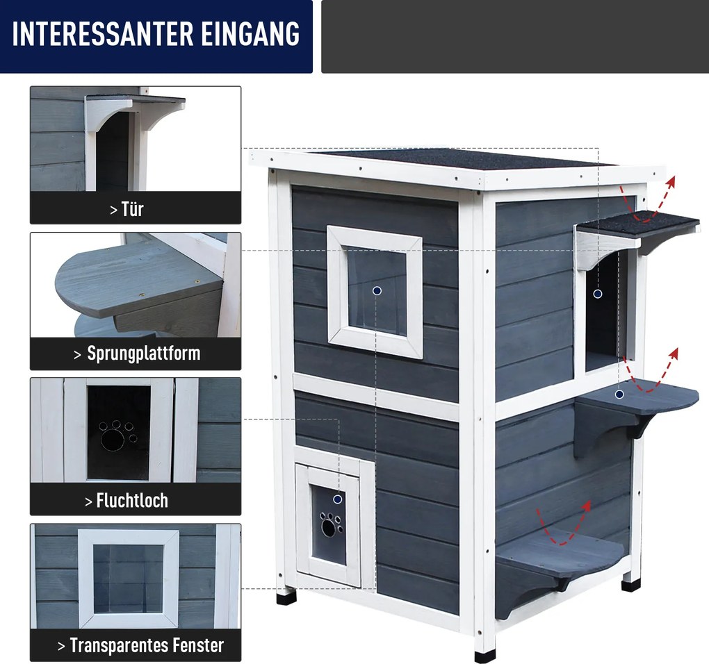 PawHut Elegancka Willa dla Kota z Drewna Sosnowego 2 Poziomy z Łatwym Dostępem i Oknami