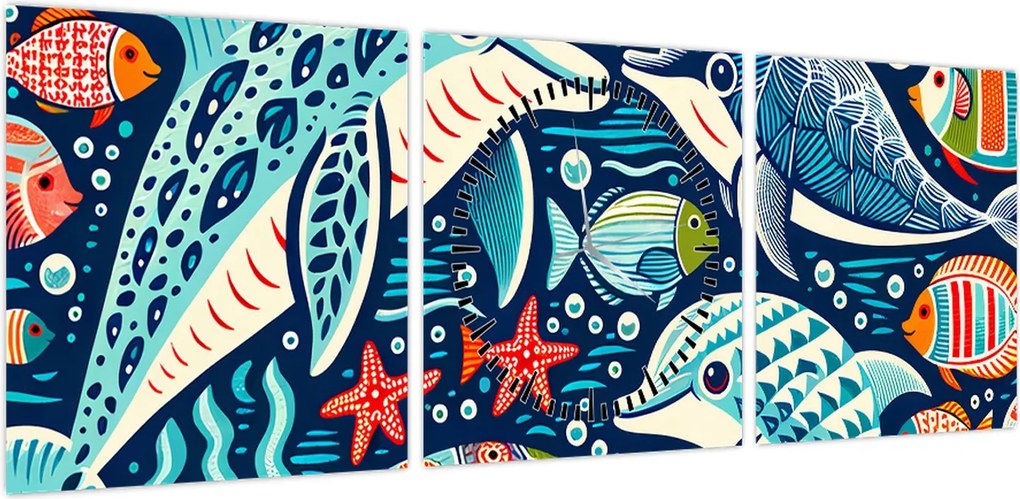 Obraz – Rysowane zwierzęta wodne (z zegarem) (90x30 cm)