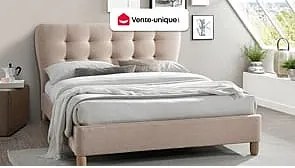 Łóżko 140 x 190 cm z pikowanym zagłówkiem - Tkanina - Beż - ELIDE