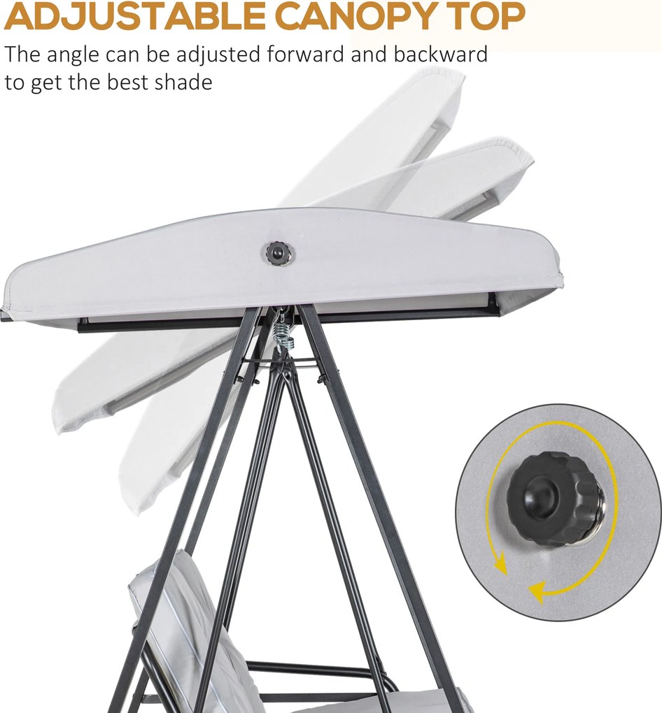 Outsunny Huśtawka Hollywood, 2-osobowa Huśtawka Ogrodowa z Regulowanym Daszkiem, Udźwig do 220 kg, 145 x 116 x 172 cm, Szara