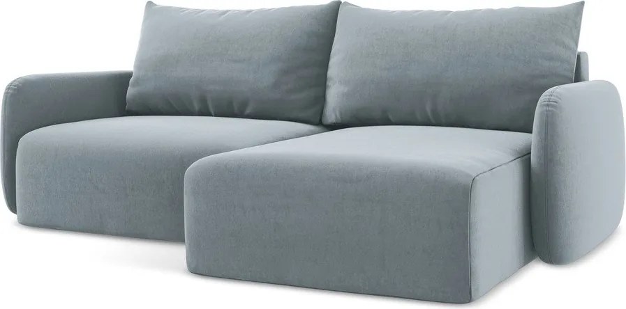 Niebieski aksamitny rozkładany narożnik ze schowkiem (prawostronny/z szezlongiem) Kalena – Makamii