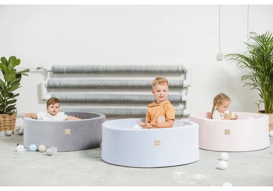 Okrągły suchy basen z piłeczkami 7cm dla dziecka, 90x40cm/300 piłek, bawełniany, jasnoszary, piłki: czerwone, białe, niebieskie - meowbaby®